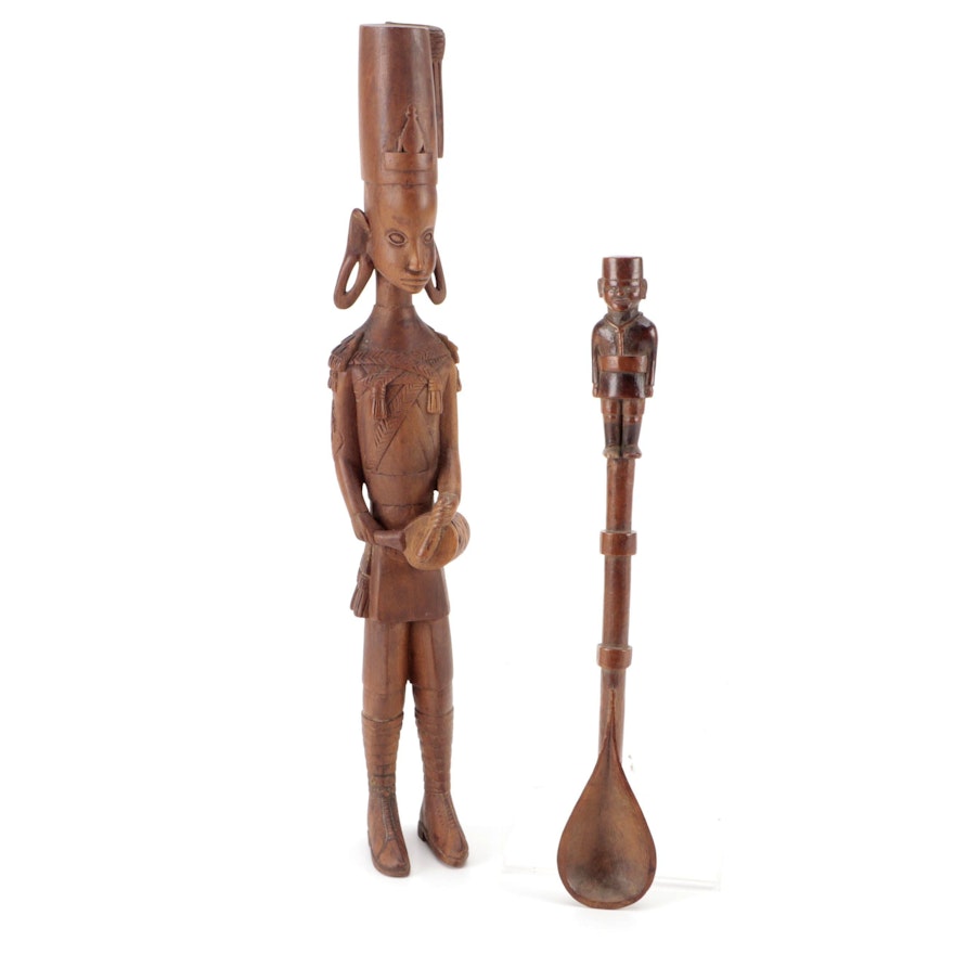 African Carved Figural Spoon and Figure, Kamba, Kenya, Early 20th Century