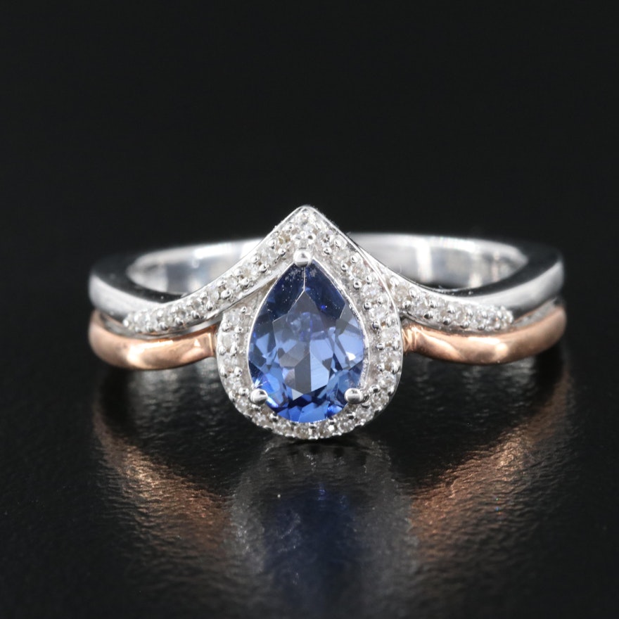 Sterling Sapphire and Diamond Ring with 10K Rose Gold Accent