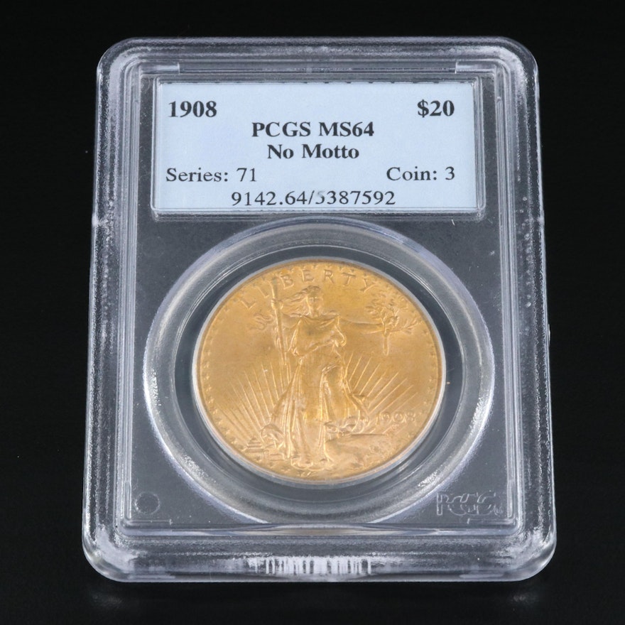 PCGS Graded MS64 1908 "No Motto" Saint-Gaudens $20 Gold Coin