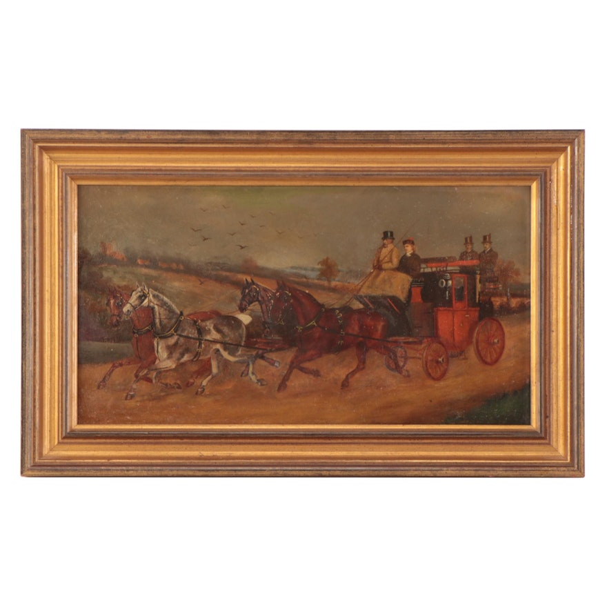 English School Coaching Scene Oil Painting, 19th Century