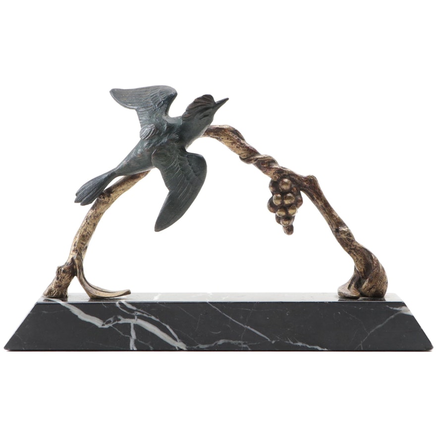 Art Deco Style Bronze Bird in Flight Sculpture on Marble Base, Early-Mid 20th C.