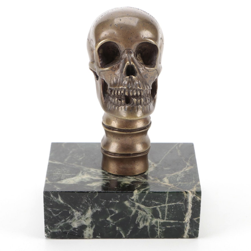 Cast Bronze Skull Memento Mori on Green Marble Plinth