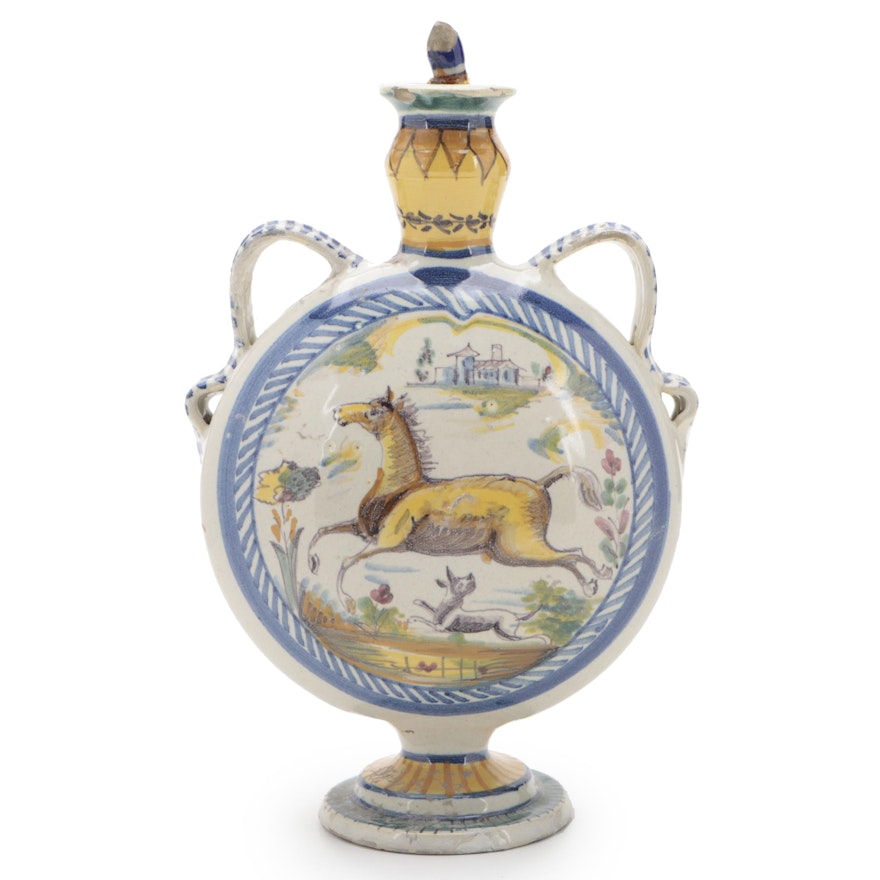 Spanish Talavera Pottery Moon Flask with Stopper, 19th Century