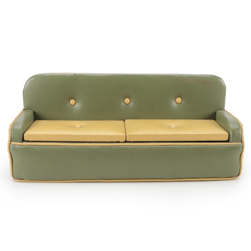 Miniature Vinyl Button-Tufted Sofa with Storage Compartments, circa 1940