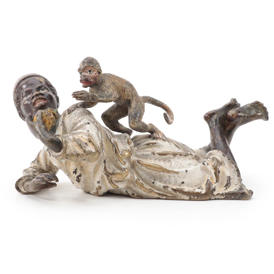 Austrian Cold-Painted Bronze Figurine of a Man Feeding Monkey