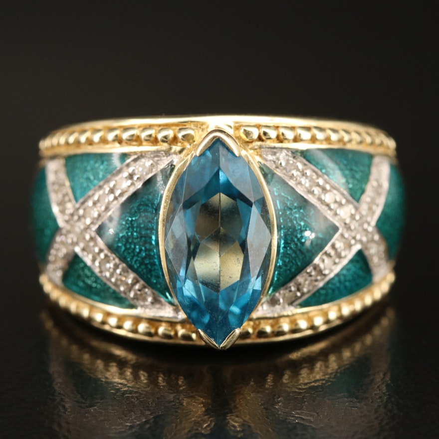 14K London Blue Topaz, Diamond and Champlevé Enamel Ring