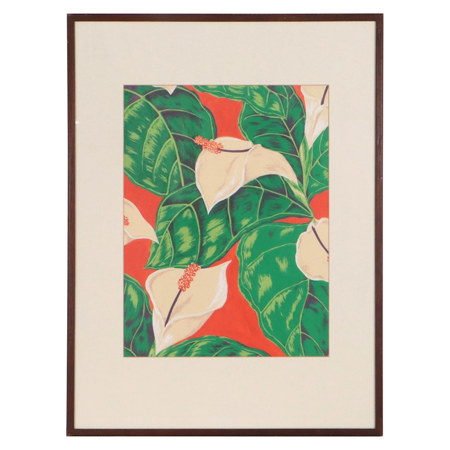 Gouache on Paper Floral Study for Textiles, Mid-20th Century