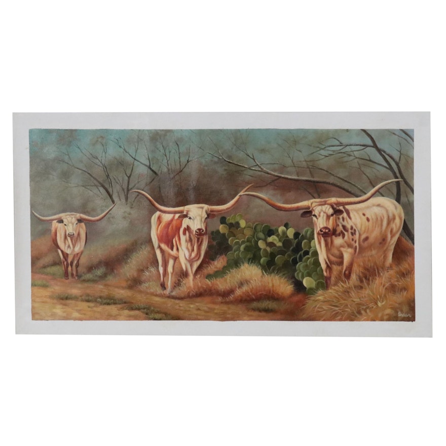 Quan Oil Painting of Longhorns in Landscape