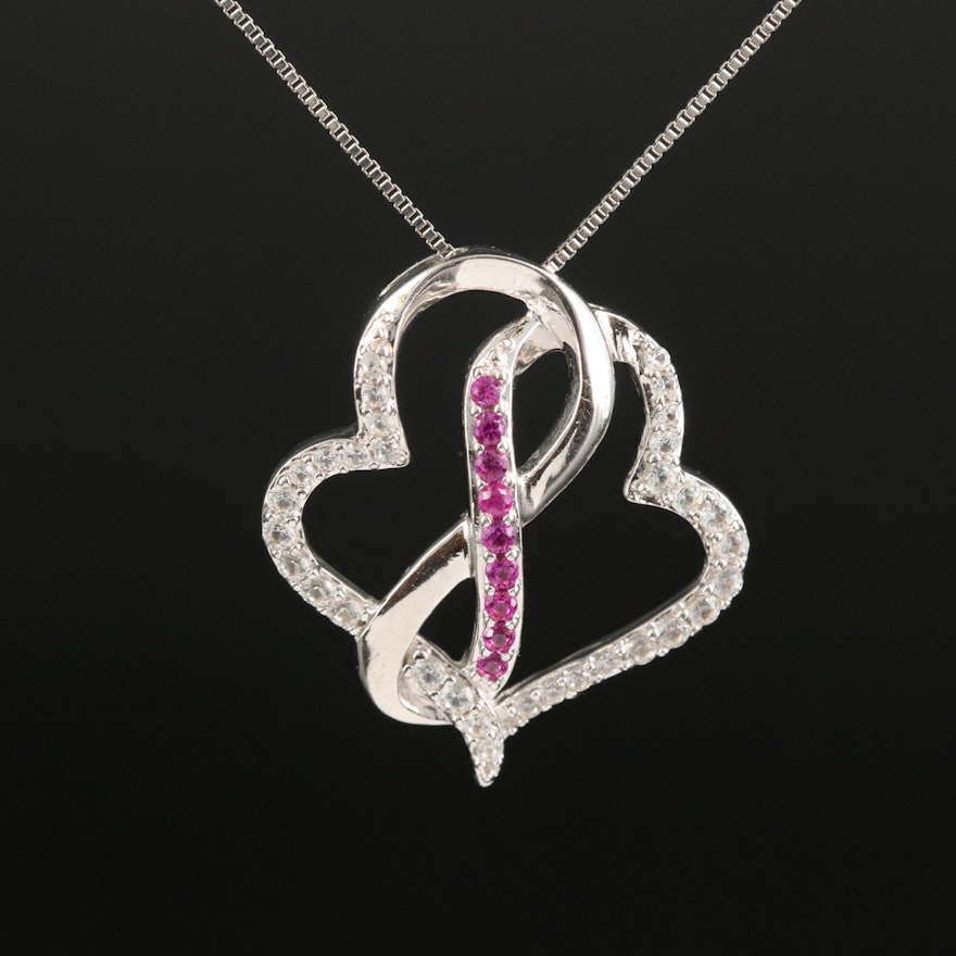 Sterling Ruby and Sapphire Interlocking Hearts Pendant Necklace