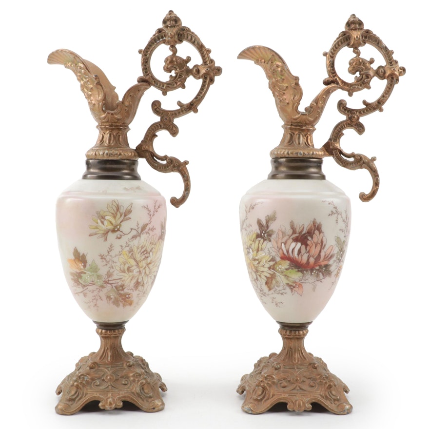 Brass-Mounted Hand-Painted Glass Ewers, 20th Century