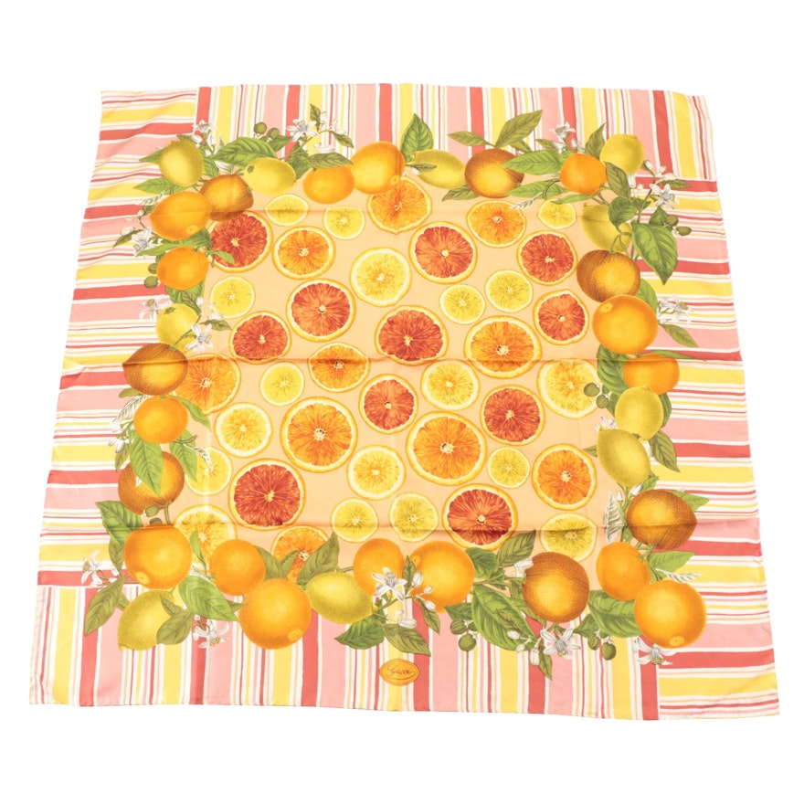 Gucci Silk Twill Scarf in Orange, Lemon, and Stripe Print
