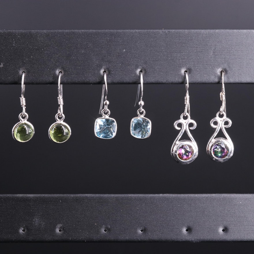 Sterling Silver Earring Collection Including Blue Topaz and Mystic Quartz