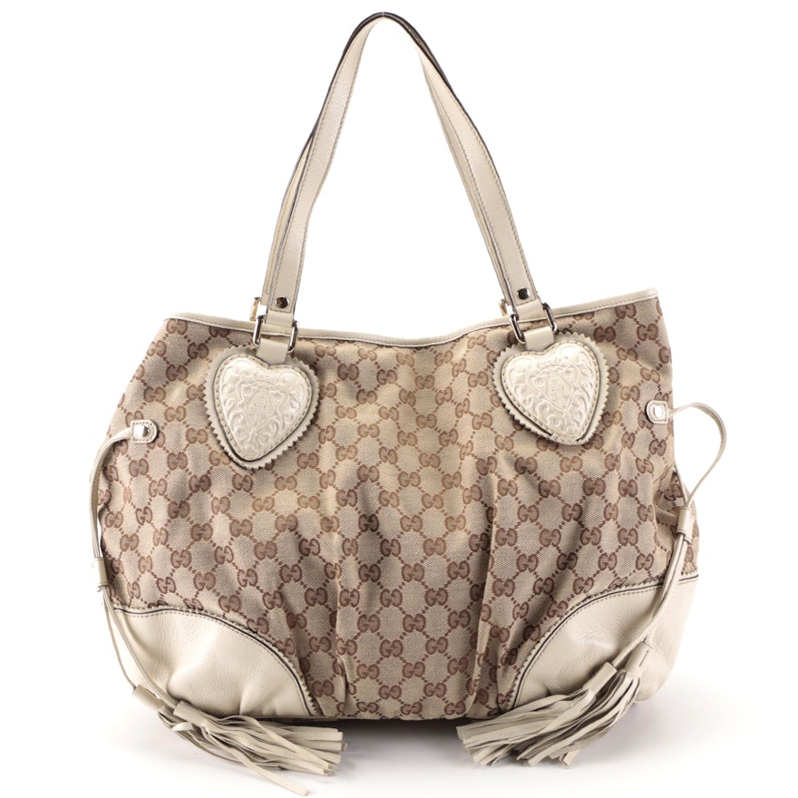 Gucci Hysteria Tote Bag in GG Canvas and Ivory Leather with Tassels