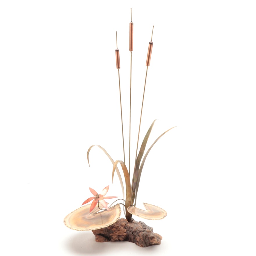 Copper and Brass Cattail and Water Lilly Sculpture, 1980