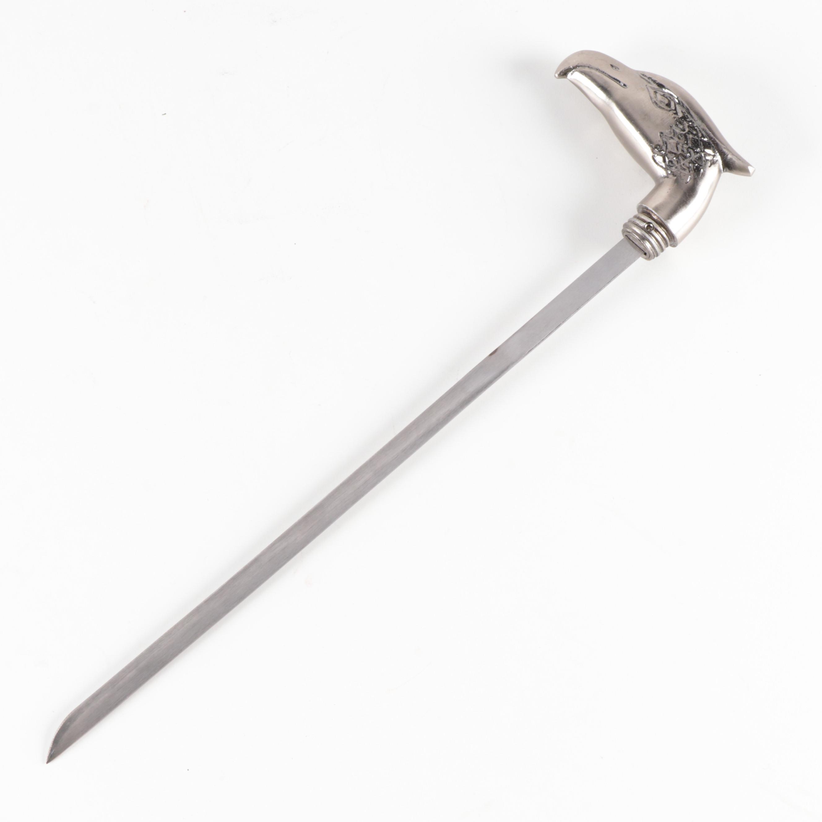 Brushed Metal Eagle Head Sword Cane With Lacquered Brass Elephant Head Cane