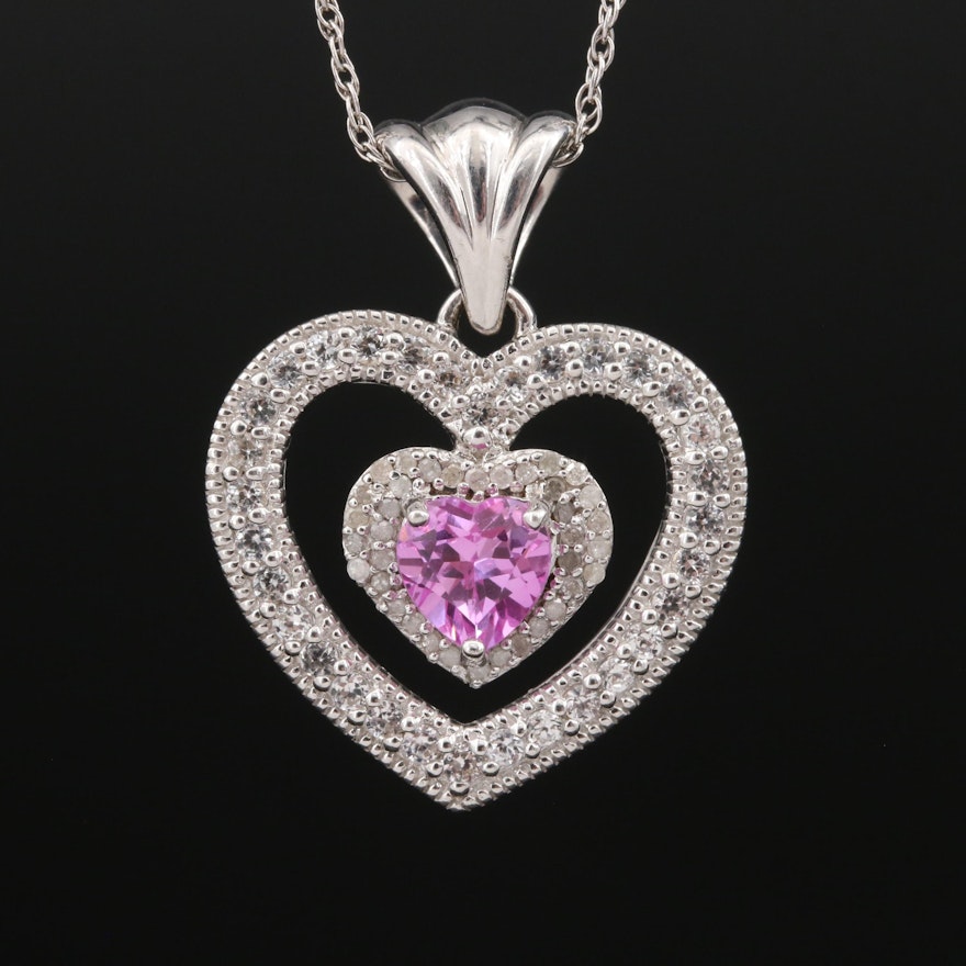 Sterling Sapphire, Topaz and Diamond Heart Pendant Necklace