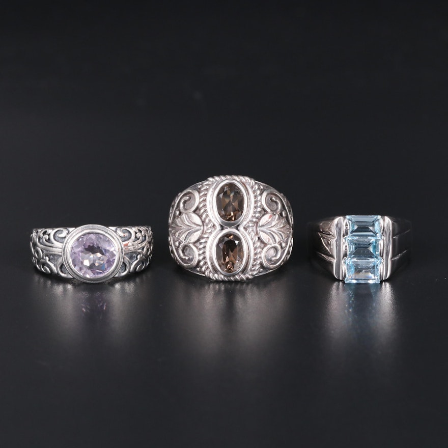 Sterling Silver Ring Trio Including Topaz and Quartz