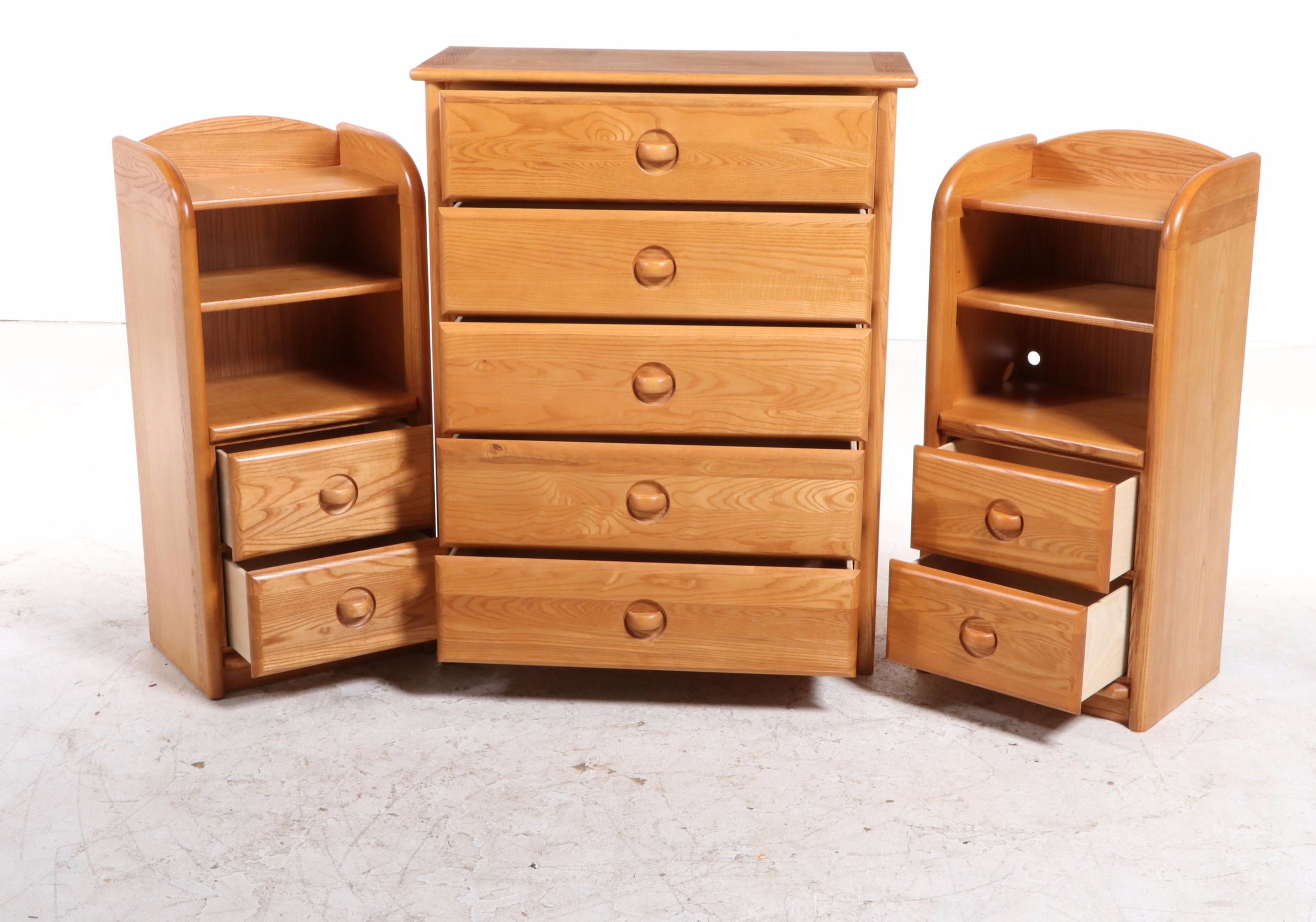 Stanley Three-Piece Oak Chest of Drawers and Bookcase Nightstands