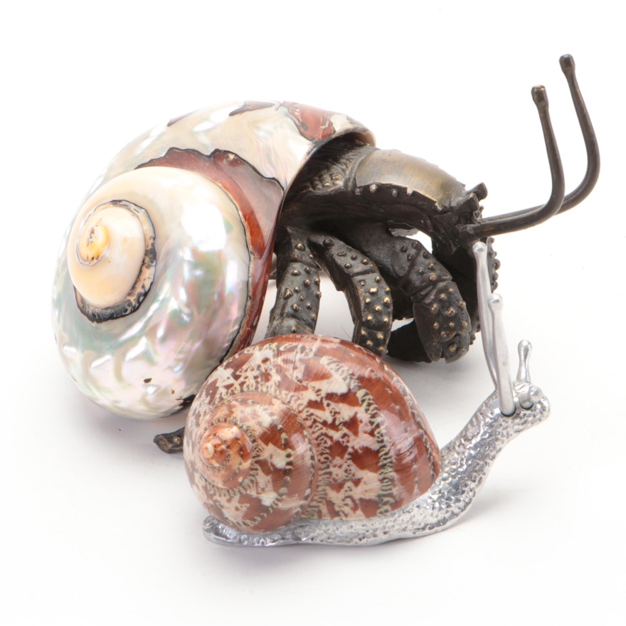 Turban Shell and Metal Hermet Crab and Snail Figurines