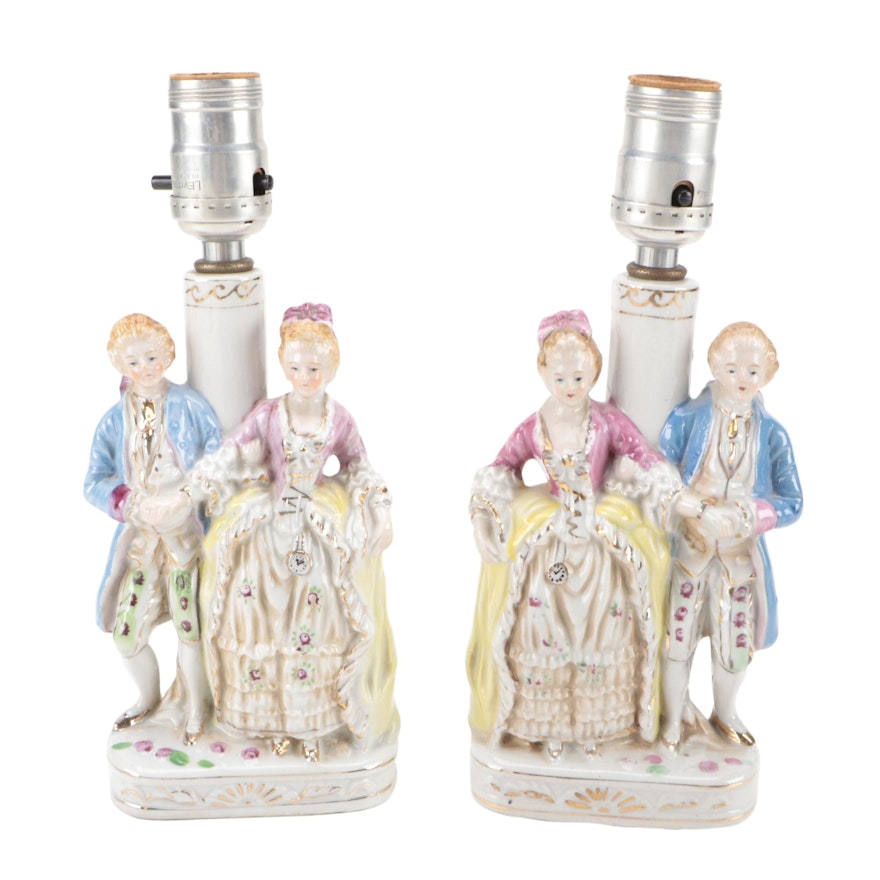 Pair of Rococo Style Courting Couple Lamps, Mid-20th Century