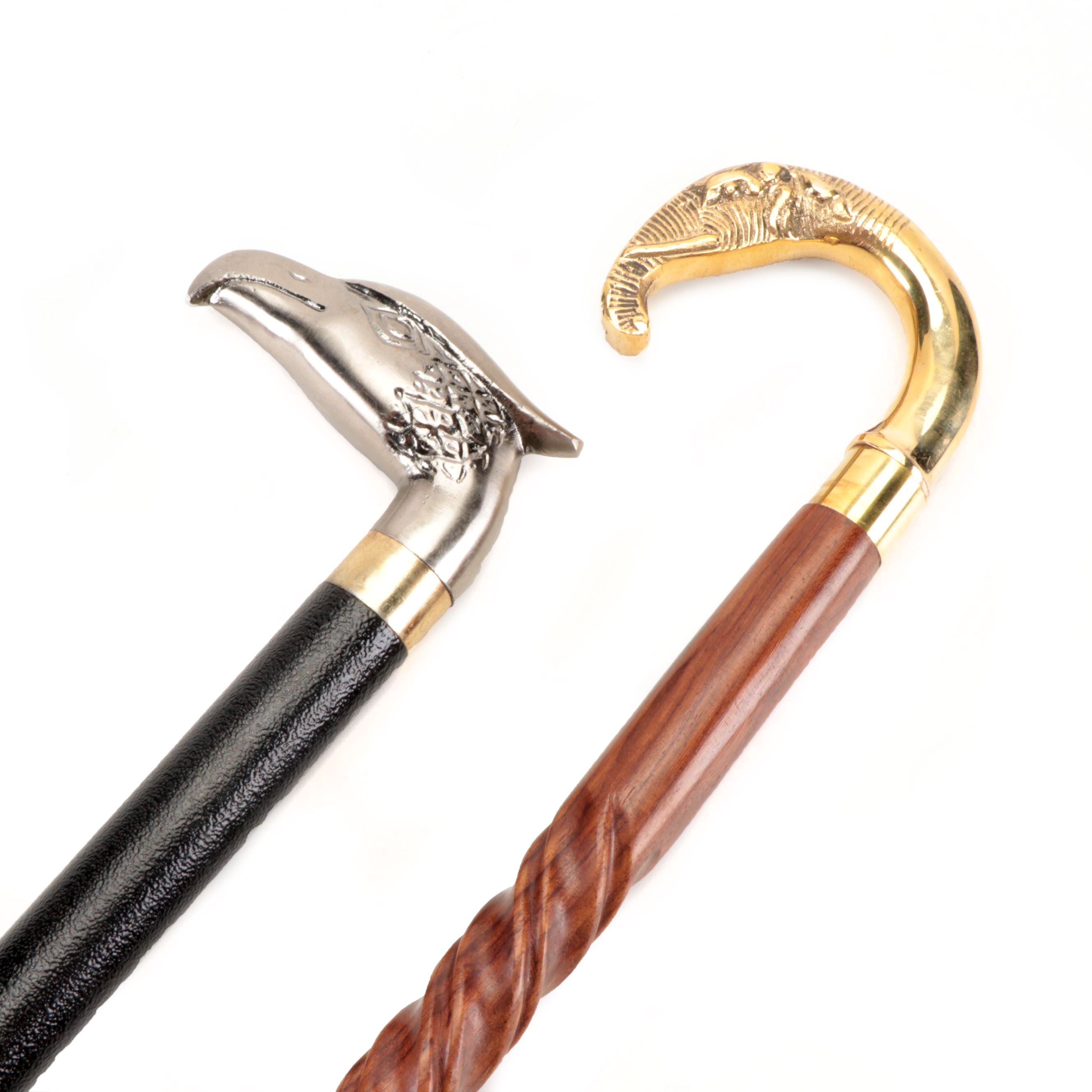 Brushed Metal Eagle Head Sword Cane With Lacquered Brass Elephant Head Cane