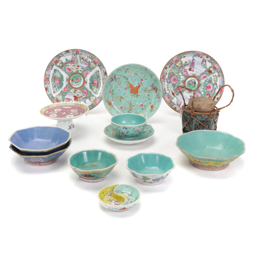 Chinese Glazed Pottery Bowls, Plates, Teacup, and Dish