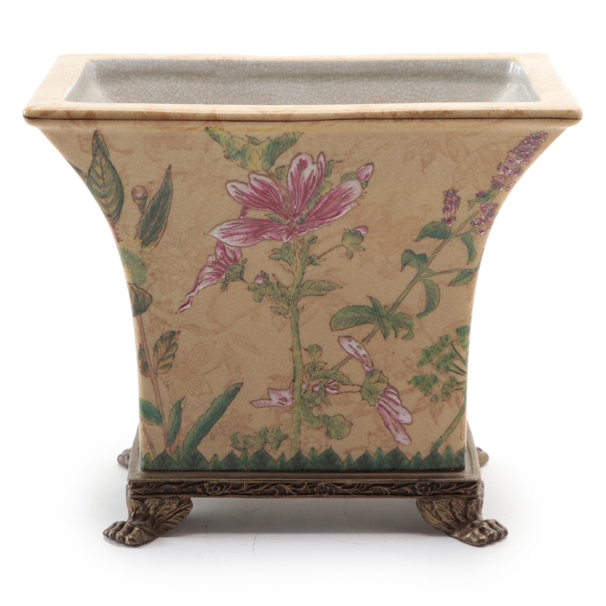 Rococo Style Ceramic Brass Mounted Planter Vase