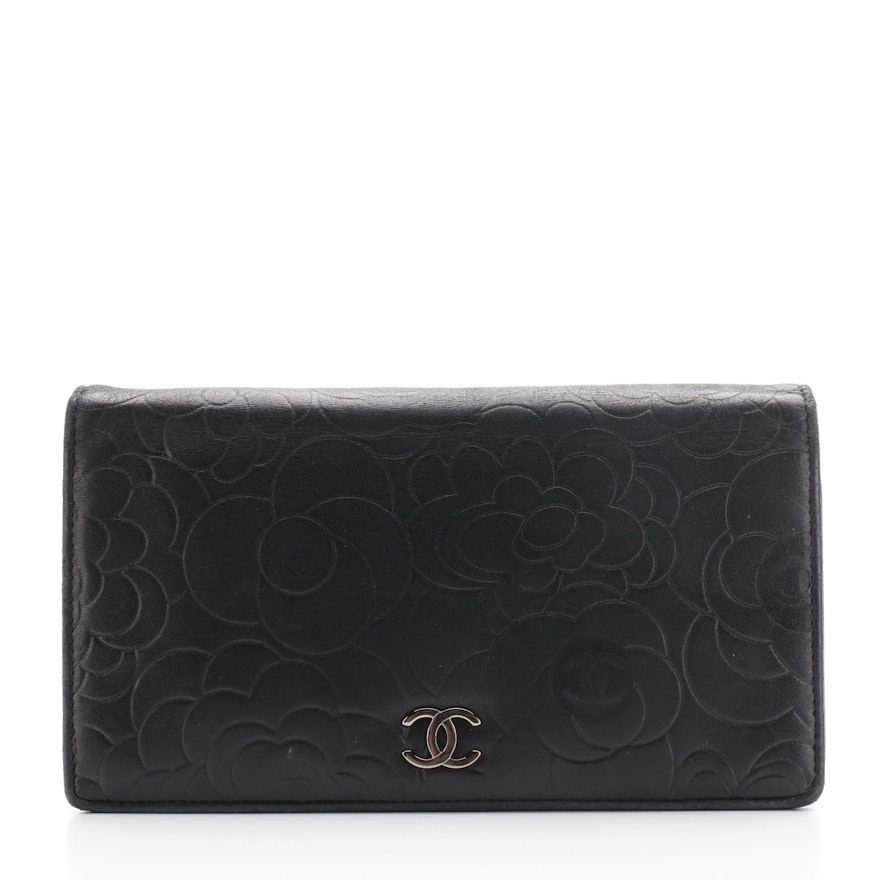 Chanel Long Wallet in Nero Camellia Embossed Lambskin Leather with Box