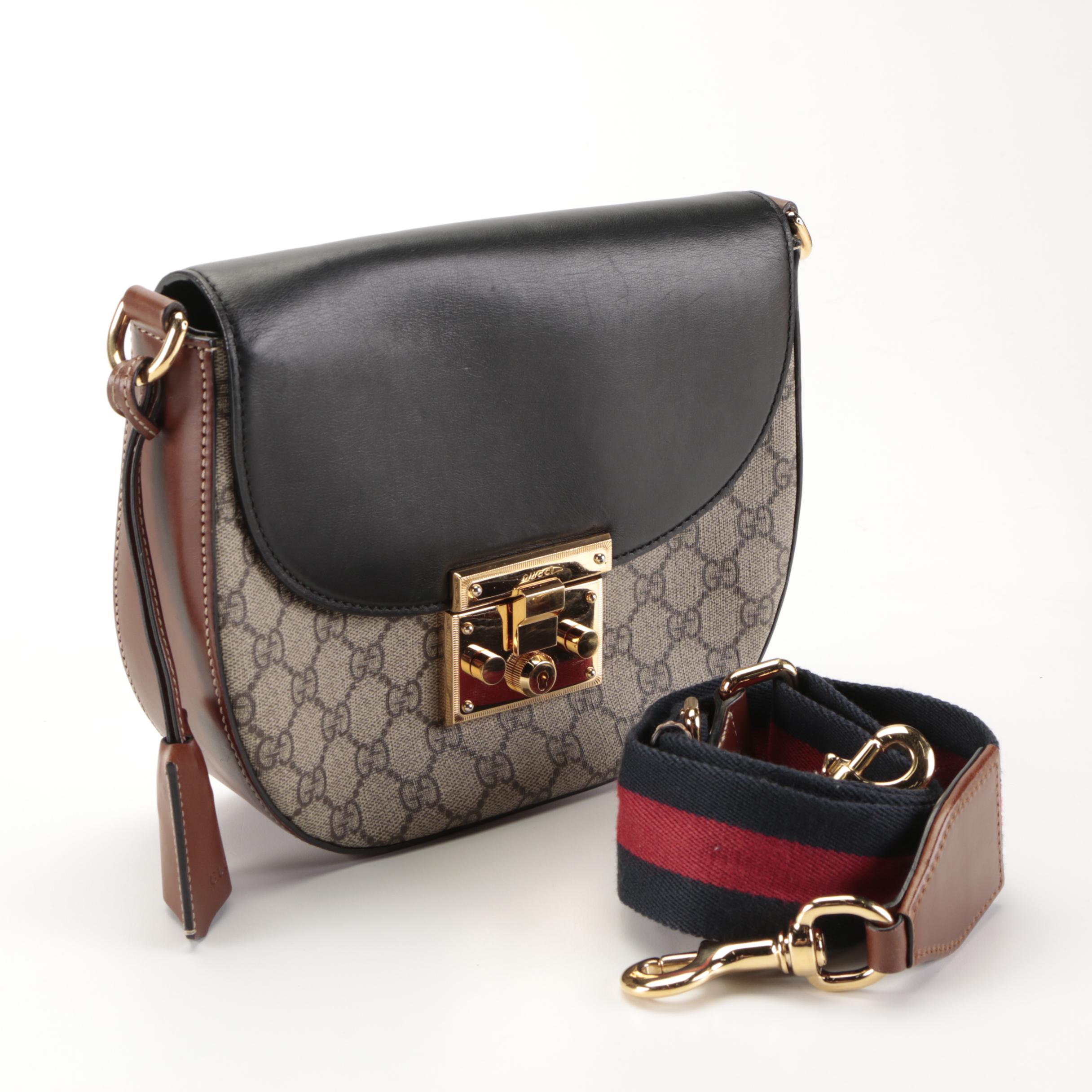Gucci Medium Padlock Saddle Bag in GG Supreme Canvas and Bicolor Leather