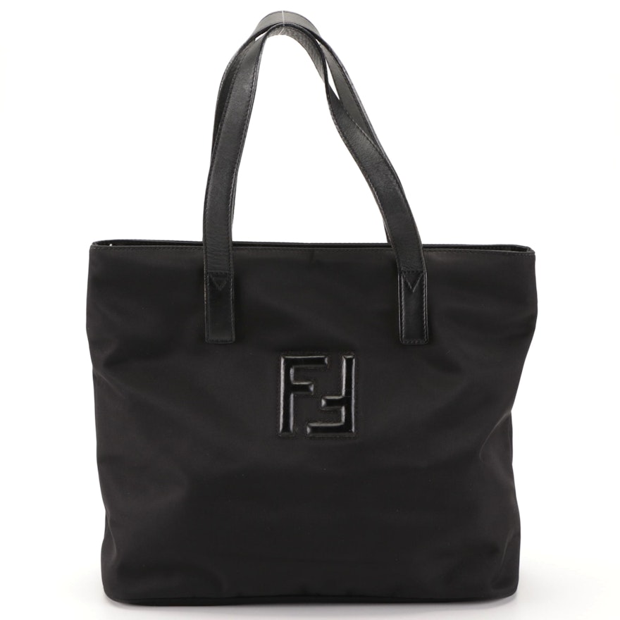 Fendi Small Hinged Tote in Black Nylon Gabardine and Leather with Shoulder Strap