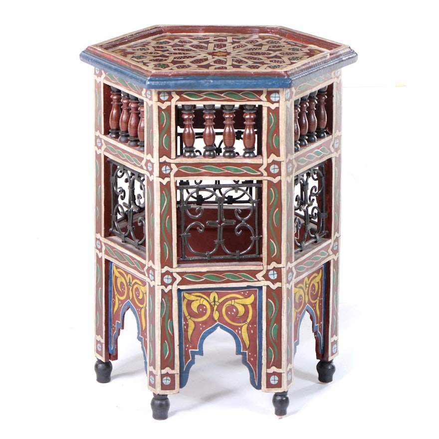 Moroccan Paint-Decorated Wood and Metal Side Table