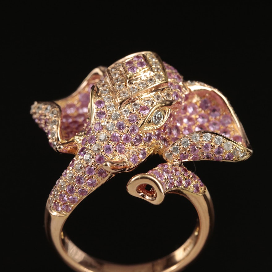 Elephant Pink Sapphire and Zircon Elephant Ring