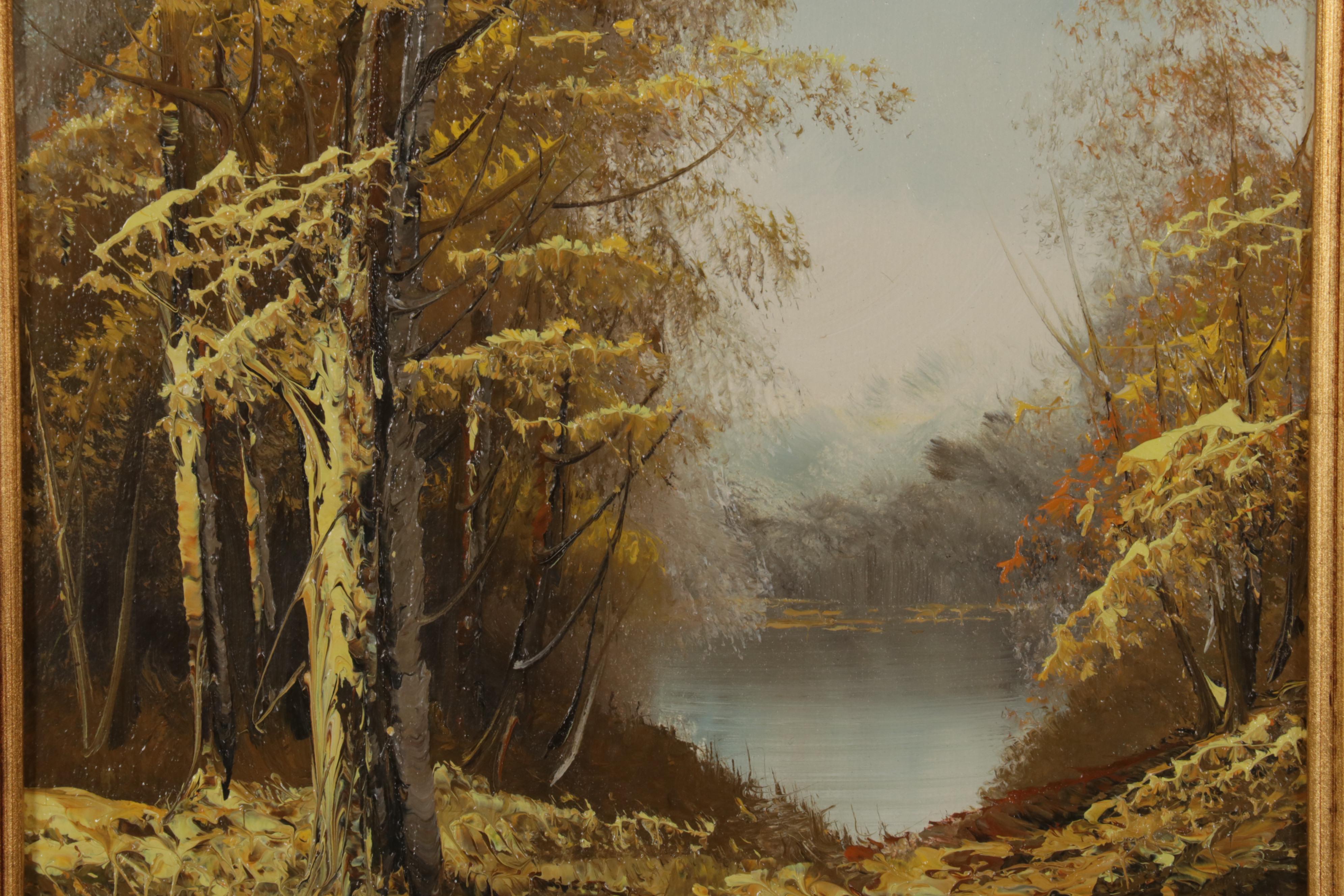 Forest Pond Landscape Oil Painting, Late 20th-21st Century