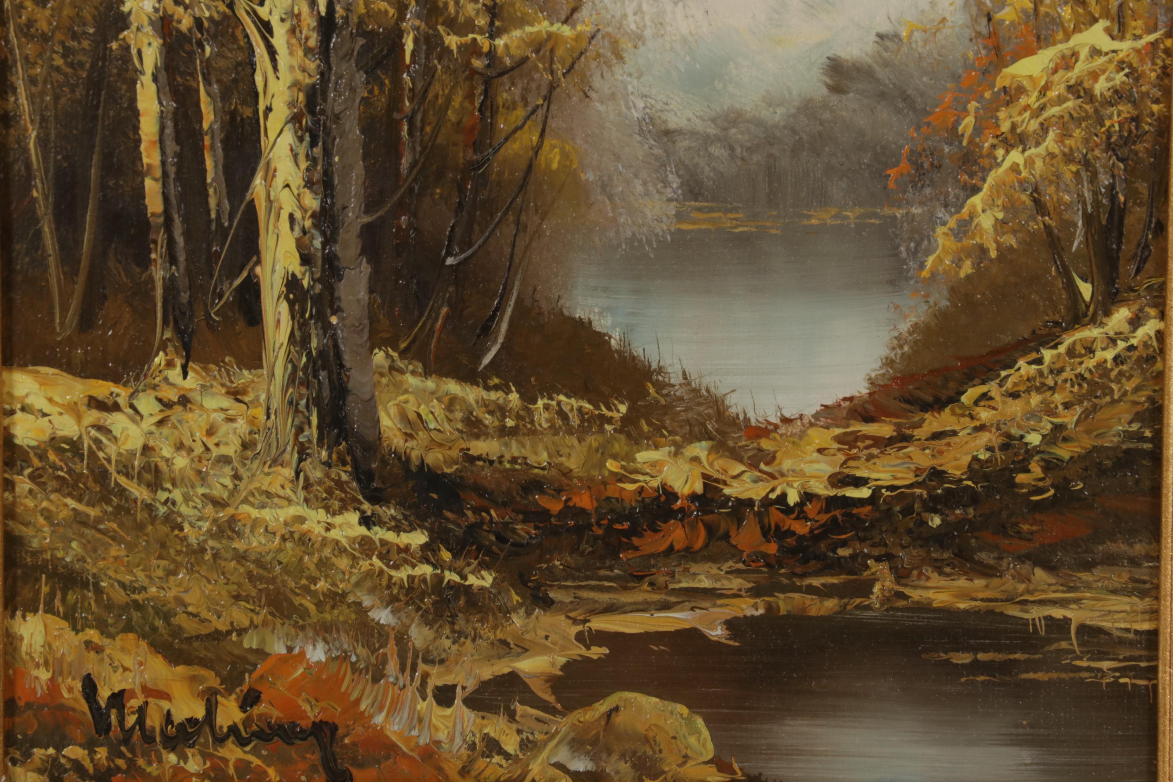 Forest Pond Landscape Oil Painting, Late 20th-21st Century