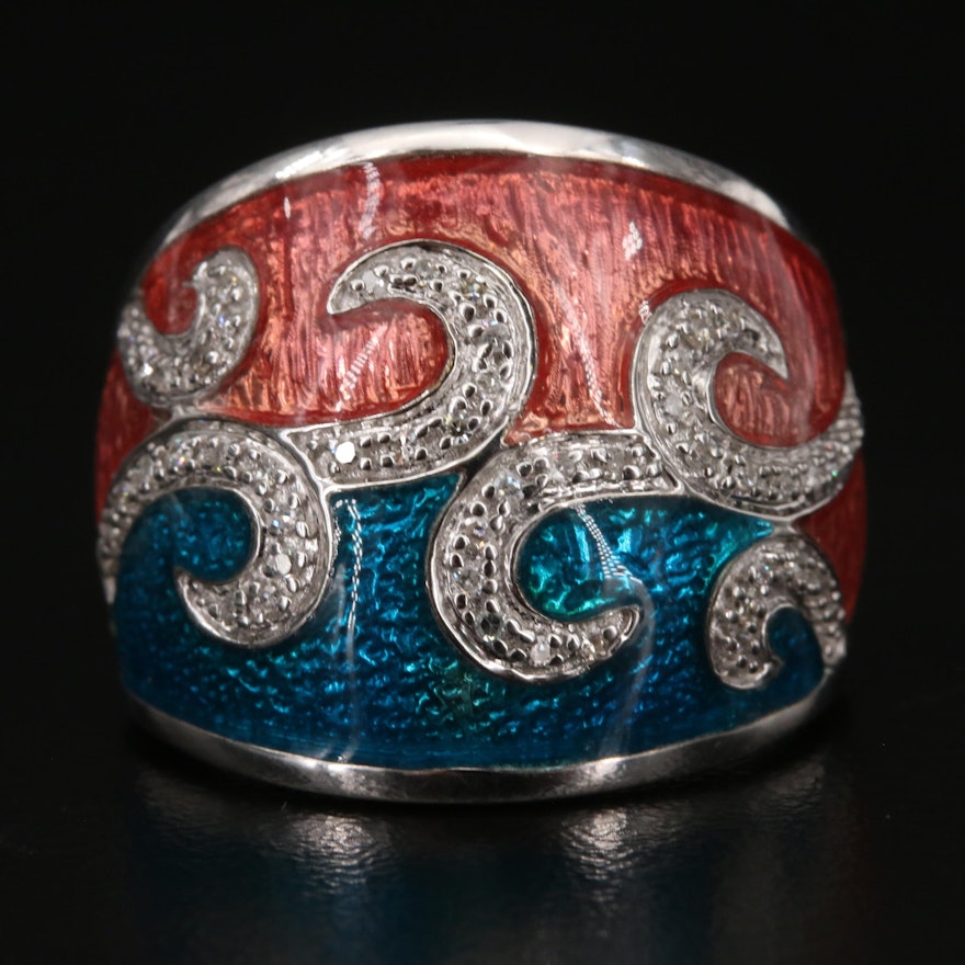 Sterling Guilloché Enamel and Diamond Ring