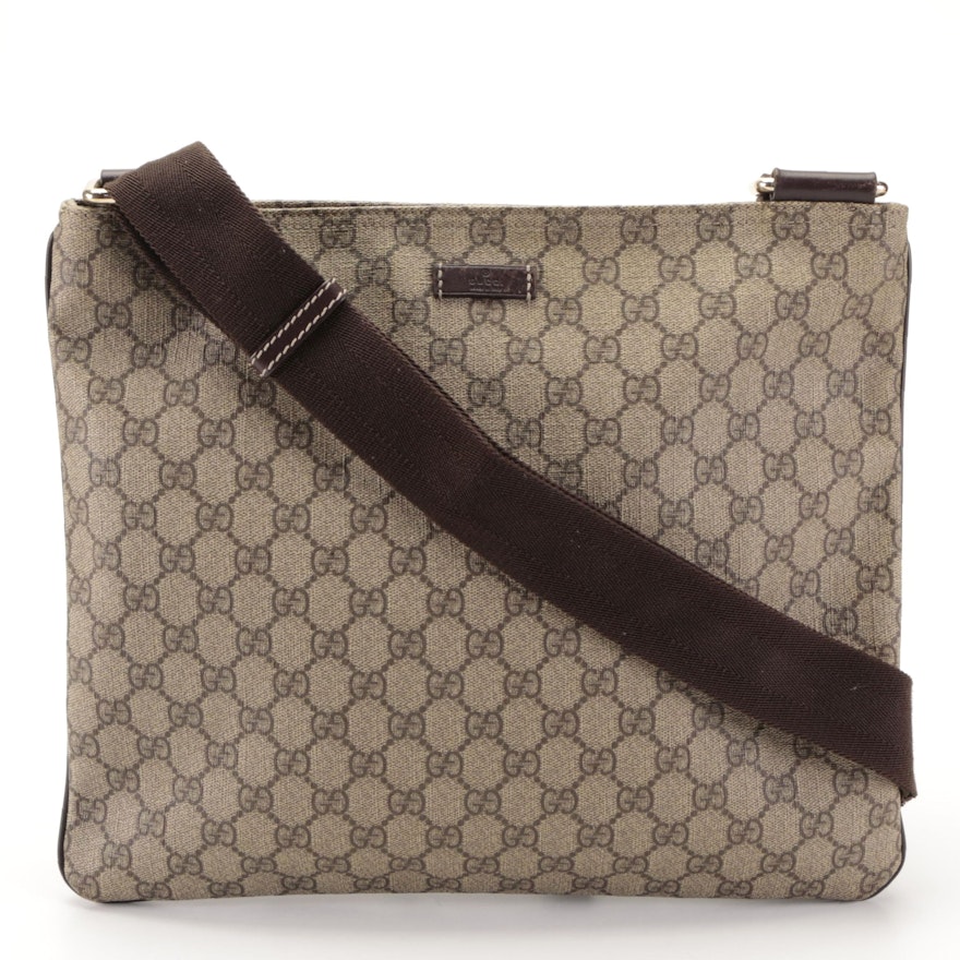 Gucci Slim Zip Shoulder Bag in GG Supreme Canvas and Dark Brown Leather Trim