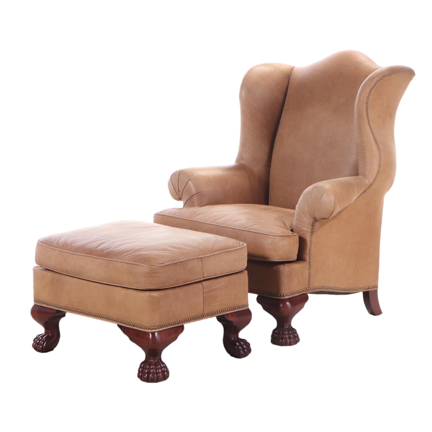 Hickory Chair Chippendale Style Mahogany and Leather Wingback Armchair & Ottoman