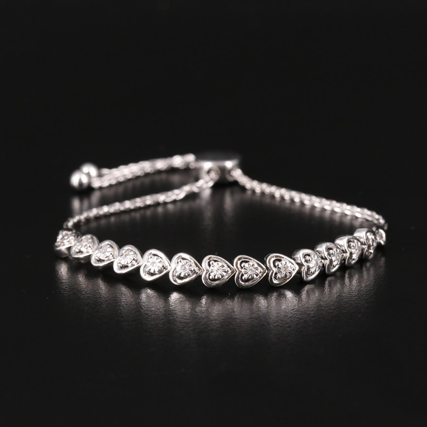 Sterling Diamond Heart Bolo Bracelet