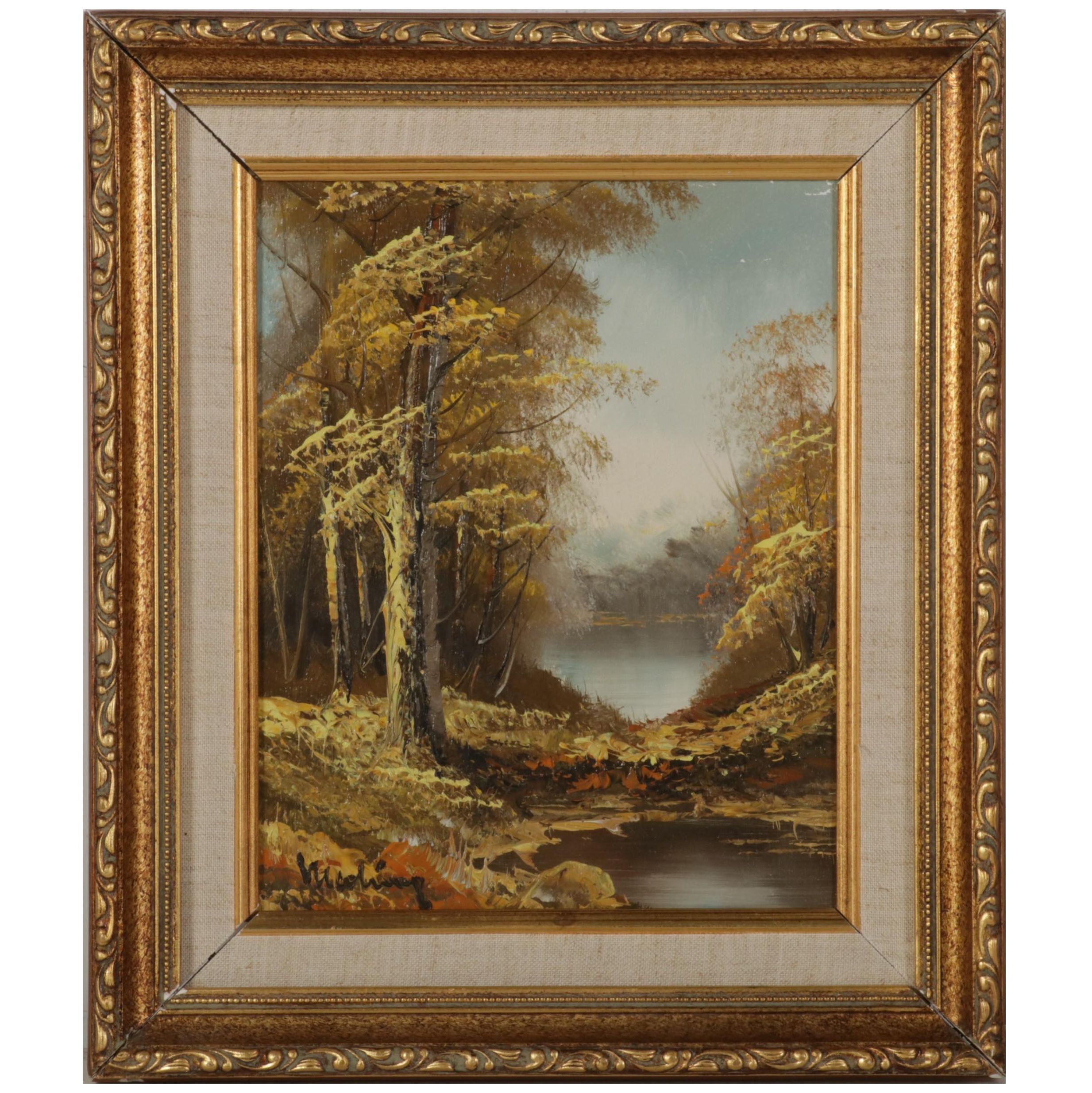 Forest Pond Landscape Oil Painting, Late 20th-21st Century