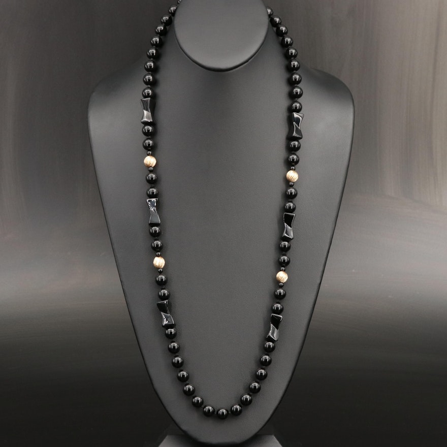 Black Onyx Beaded Necklace with 14K Clasp