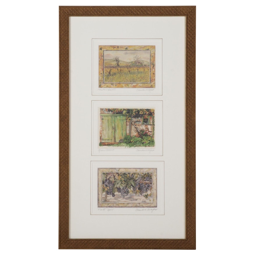 Claudia Wagar Offset Lithograph Triptych of Vineyard Scenes