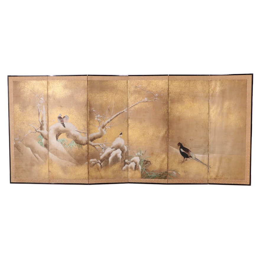 Japanese Four-Panel Screen Depicting Birds and Blossoming Trees, 18th Century