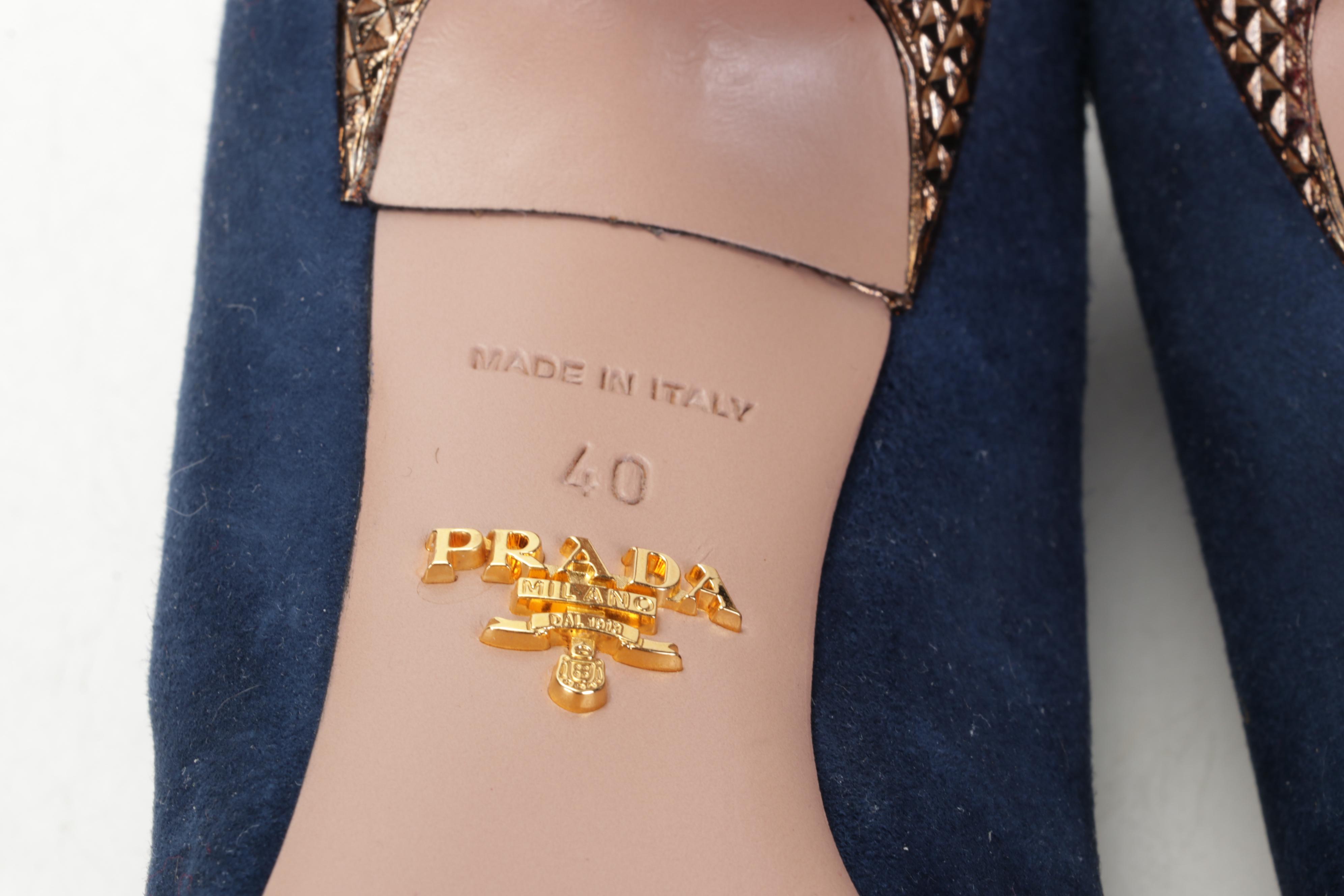 Prada Donna Embellished Heel Blue Suede Bow Pumps with Box