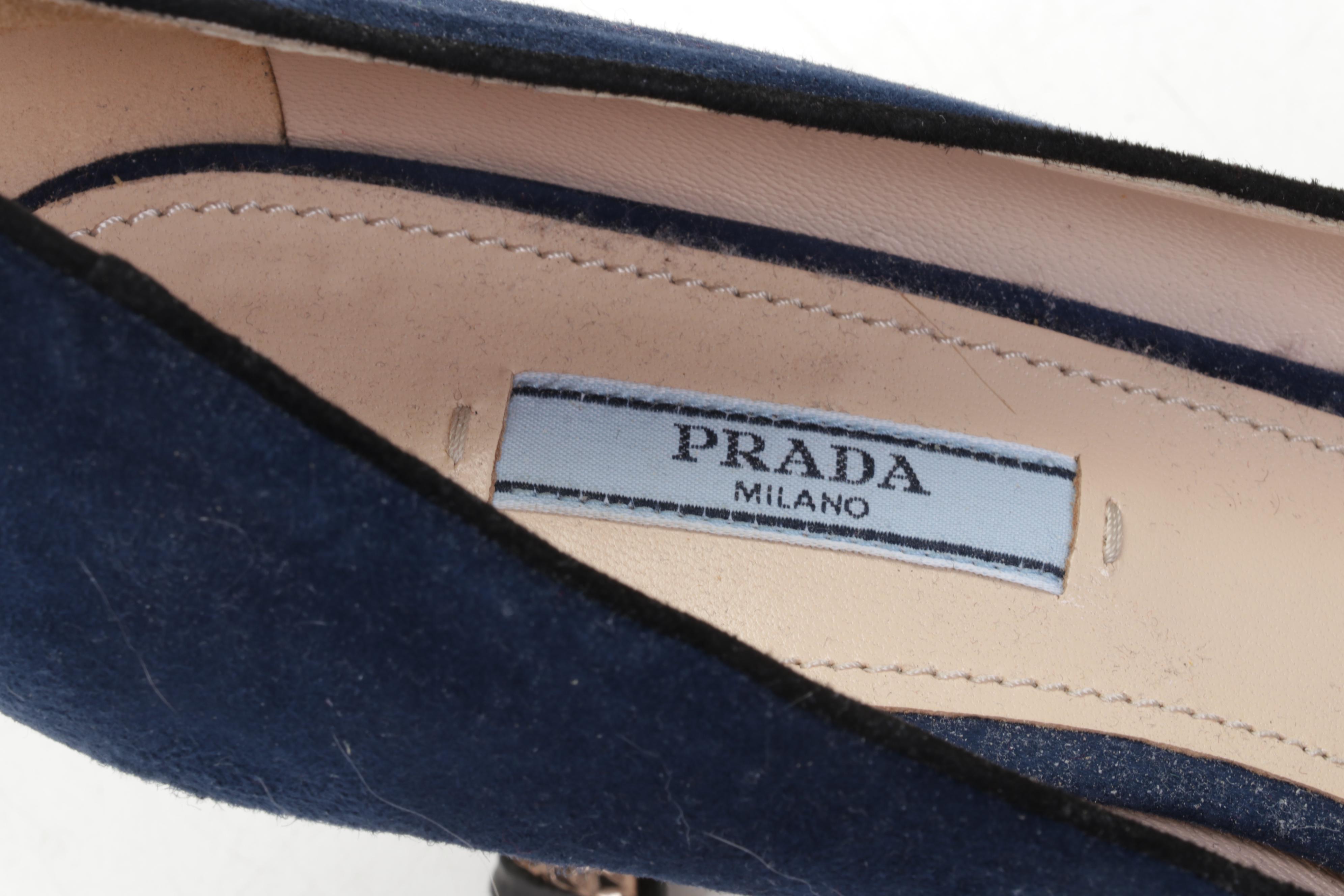Prada Donna Embellished Heel Blue Suede Bow Pumps with Box
