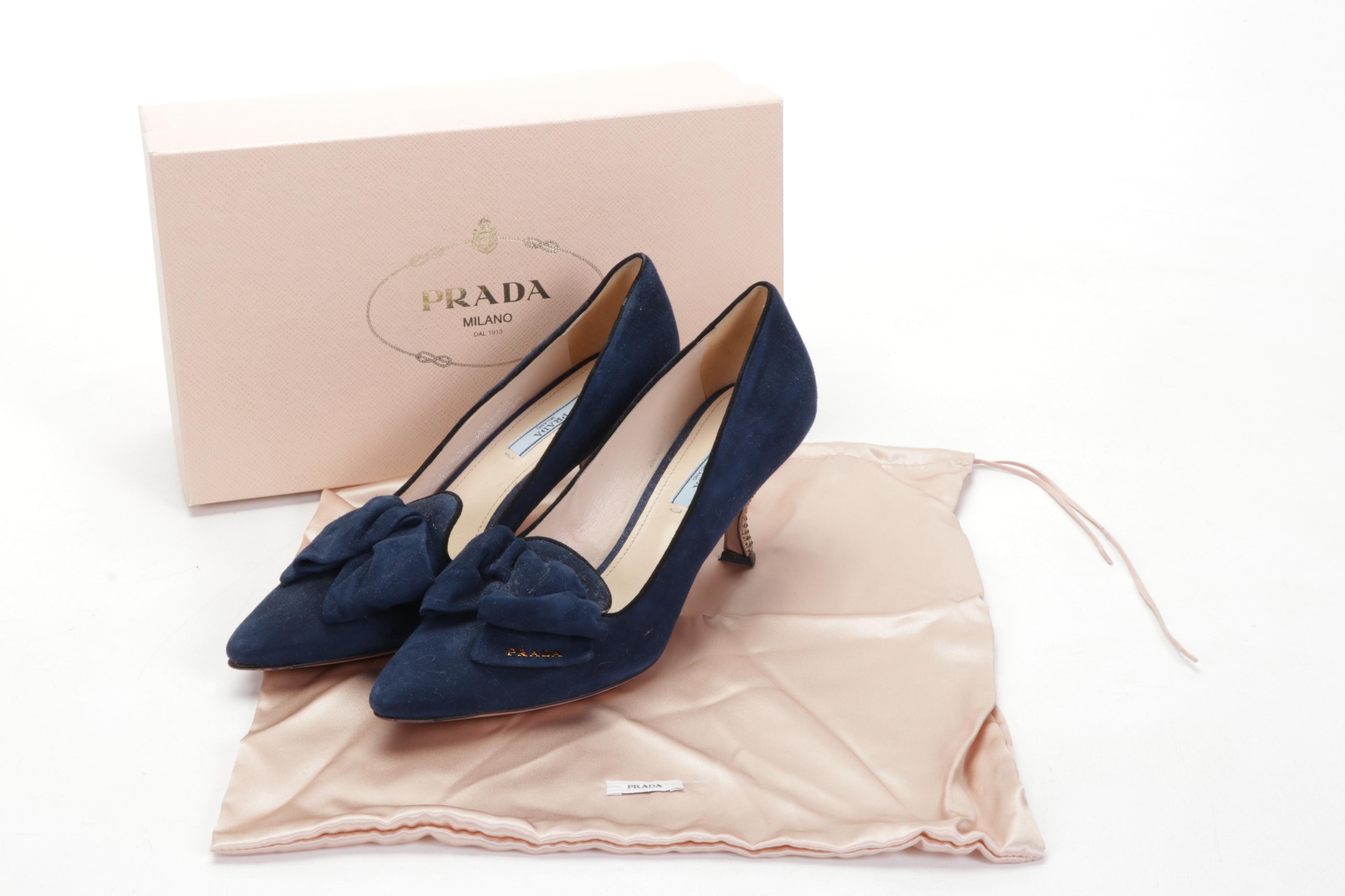 Prada Donna Embellished Heel Blue Suede Bow Pumps with Box