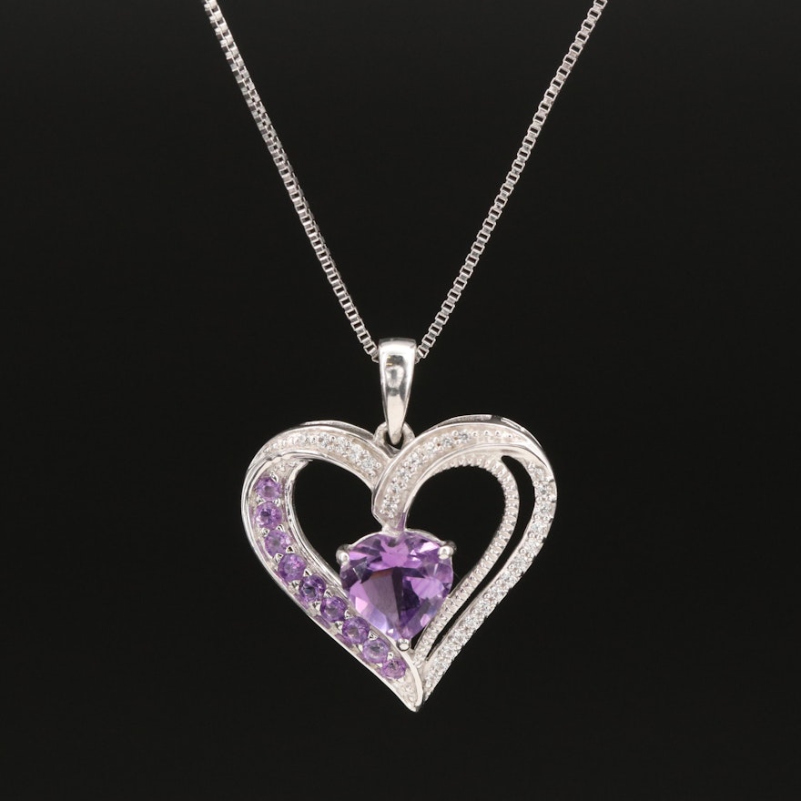 Sterling Amethyst and Sapphire Heart Pendant Necklace