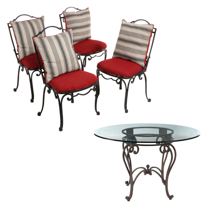 Wrought Iron Dining Table with Glass Top and Four Chairs