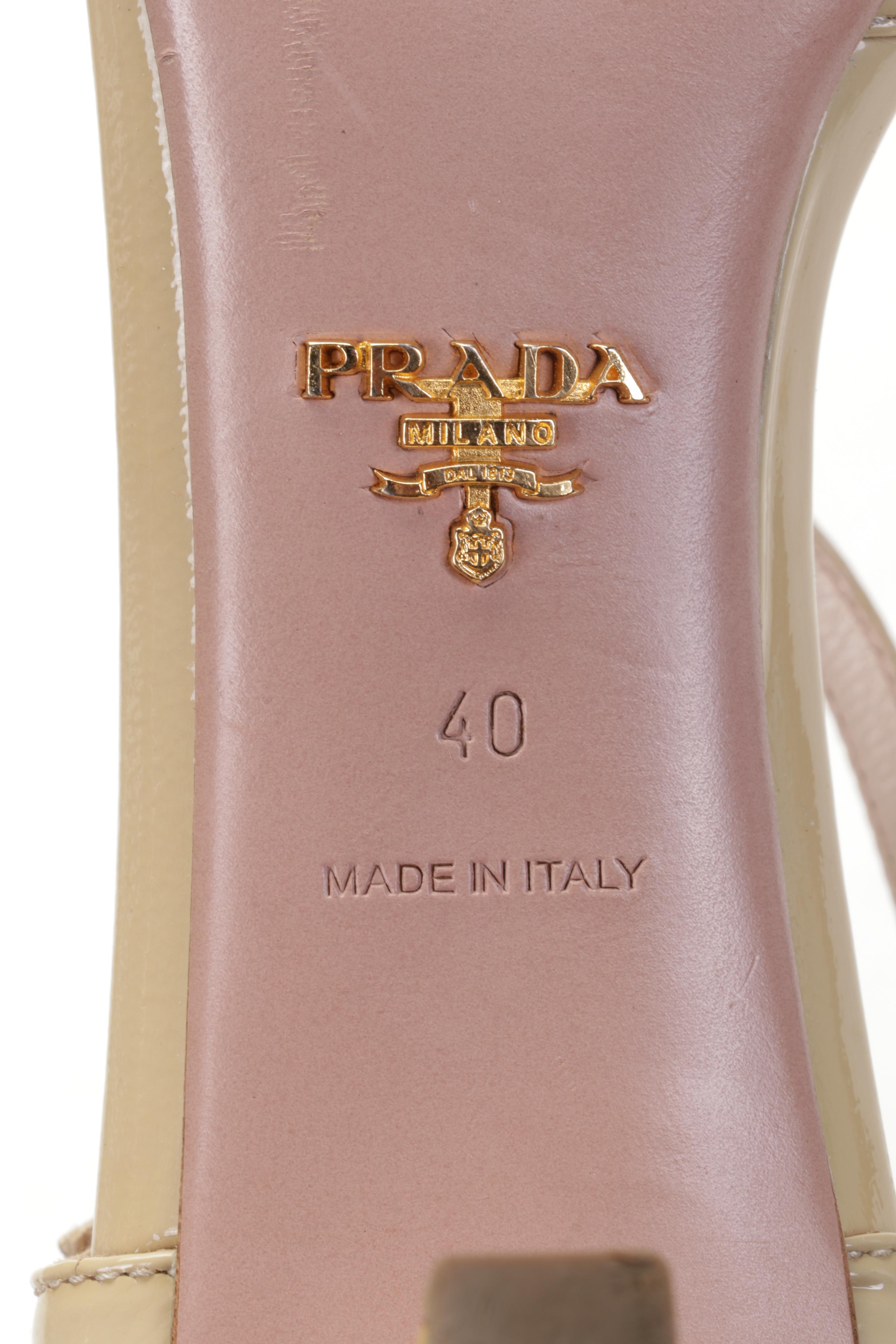 Prada Beige Patent Leather Peep Toe T-Strap Sandals