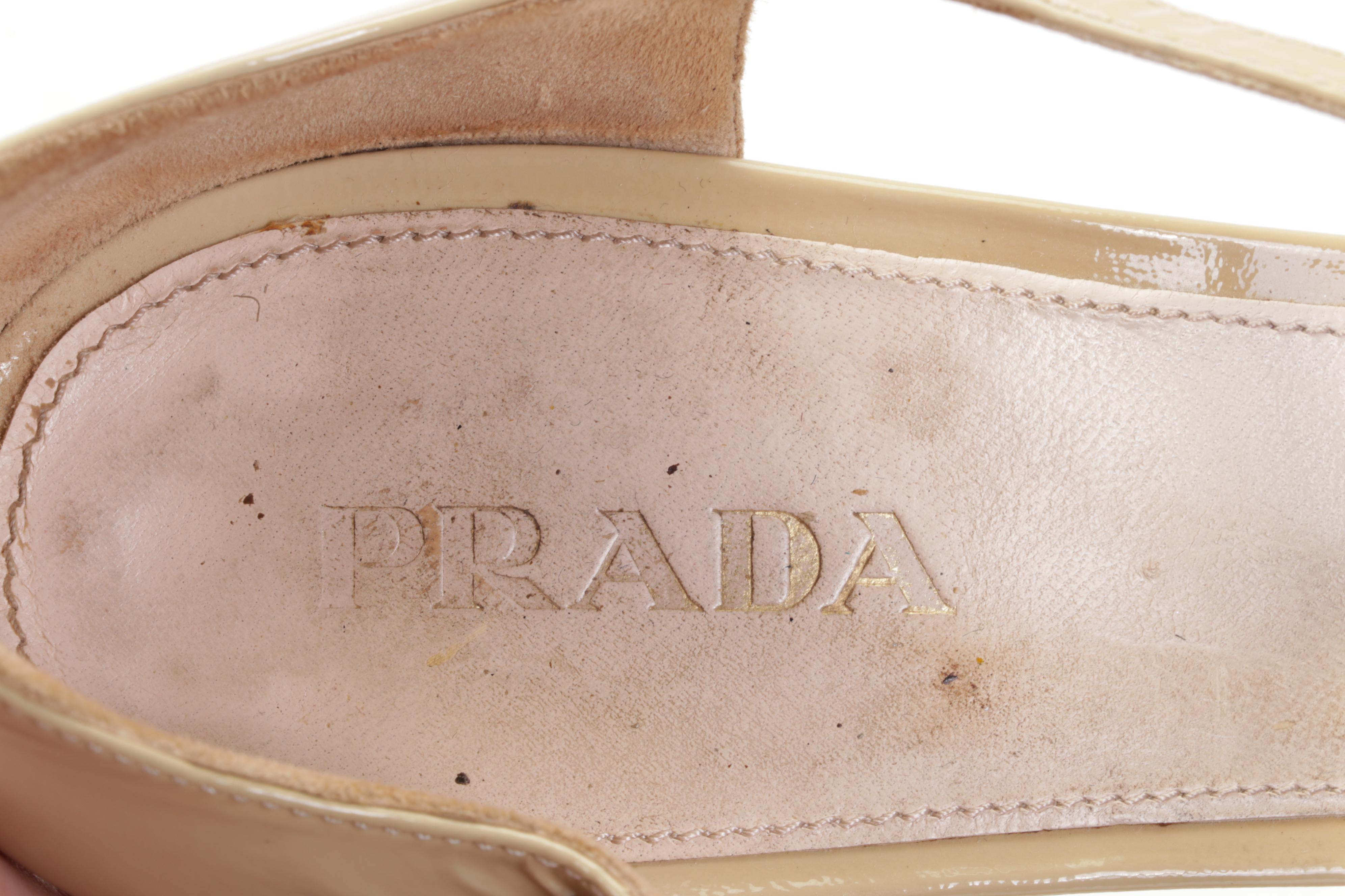 Prada Beige Patent Leather Peep Toe T-Strap Sandals