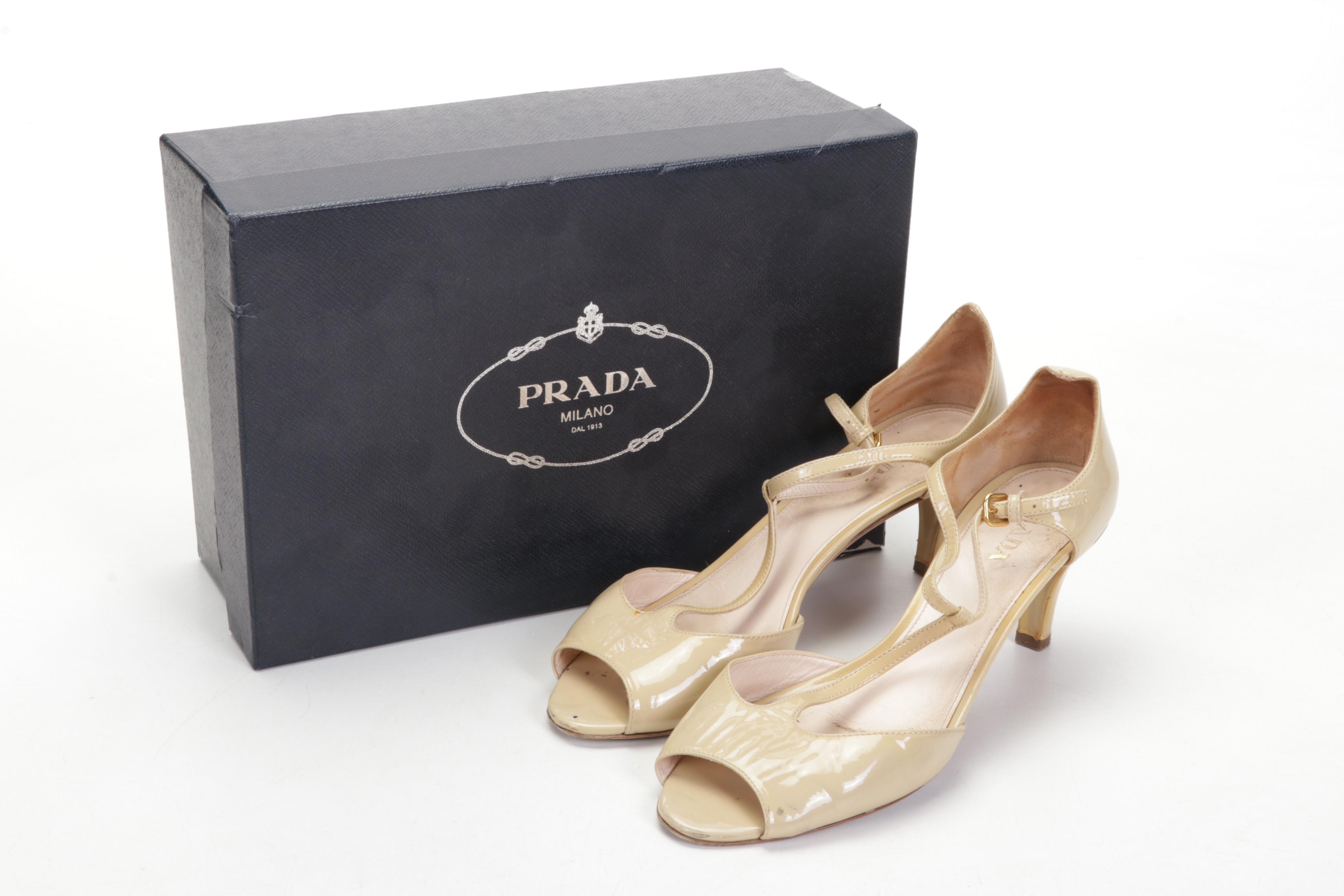 Prada Beige Patent Leather Peep Toe T-Strap Sandals